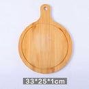 Round bamboo pizza chopping board with handle, 33x25x1cm size, designed for slicing and serving pizza or fruits in the kitchen.