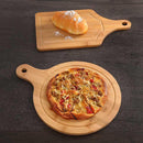 Round and rectangular bamboo pizza chopping boards with pizza and bread, ideal for serving and slicing. Durable bamboo fiber construction.