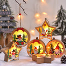 New Christmas Tree Pendant set featuring star and round wooden LED ornaments with Santa, snowman, and reindeer designs. Ideal for festive decor.
