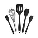 Black 5-piece Resistant Silicone Scraper Baking Tool set with whisk, spatulas, and brush for versatile kitchen use