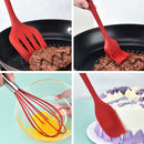 Red Resistant Silicone Scraper Baking Tool set in use for grilling, whisking eggs, and cake decorating in kitchen scenes