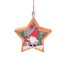 Star-shaped New Christmas Tree Pendant with Santa in a red hat holding gifts, set in a snowy forest with red stars and pine trees.