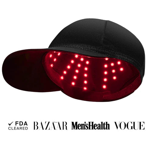 Home Of Tech Essentials red light therapy cap for hair regrowth treatment, showing adjustable fit with LED lights on the cap.
