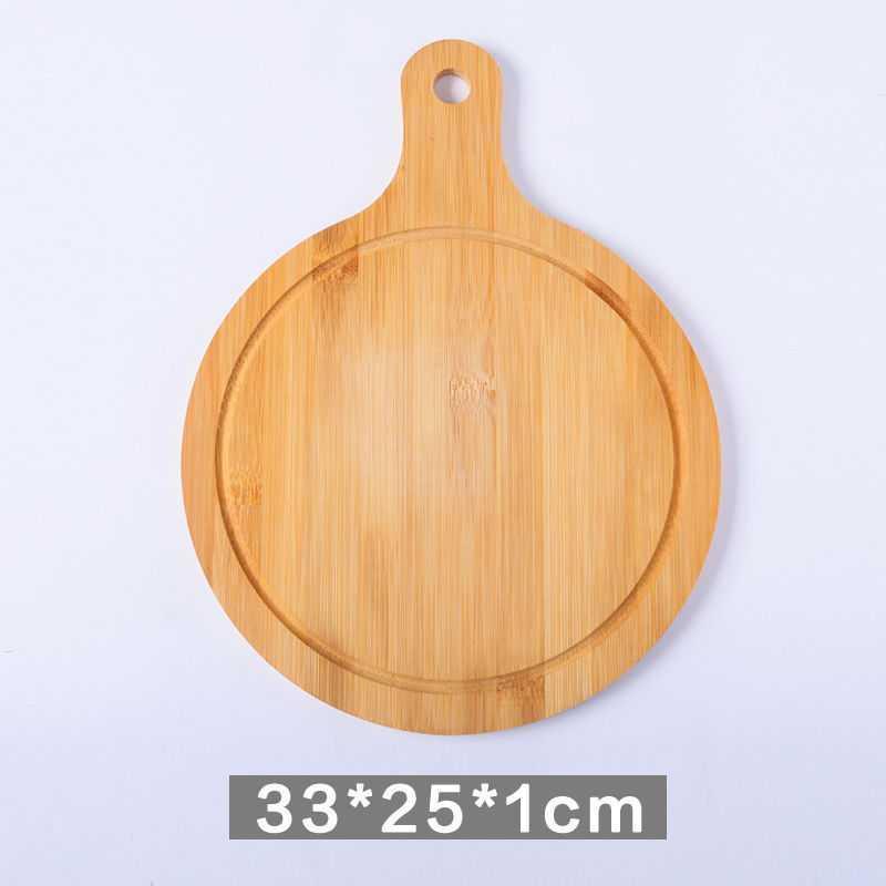 Round bamboo pizza chopping board with handle, 33x25x1cm size, designed for slicing and serving pizza or fruits in the kitchen.