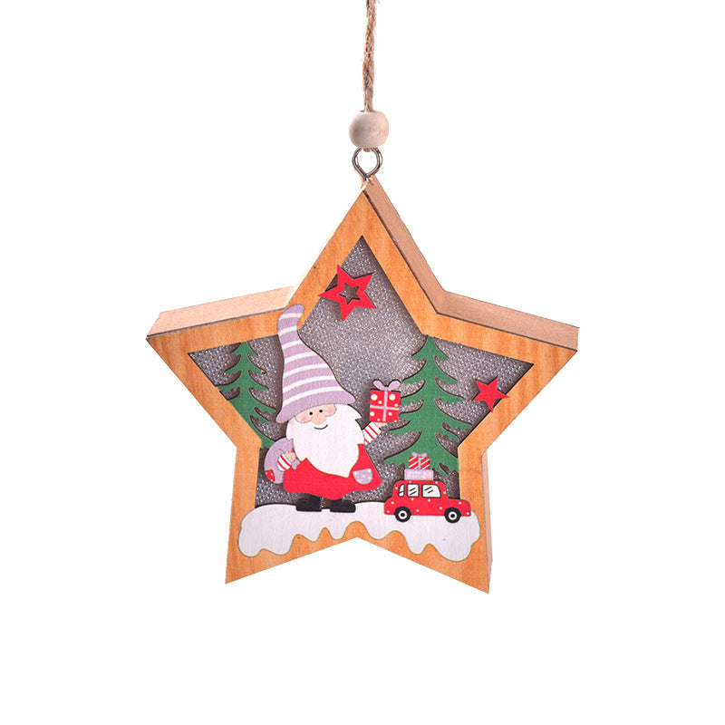 Star-shaped New Christmas Tree Pendant with Santa in a striped hat delivering gifts in a red car, surrounded by pine trees and stars.