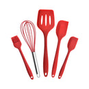 Red 5-piece Resistant Silicone Scraper Baking Tool set with stainless steel whisk and heat-resistant silicone utensils