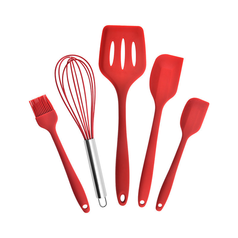 Red 5-piece Resistant Silicone Scraper Baking Tool set with stainless steel whisk and heat-resistant silicone utensils