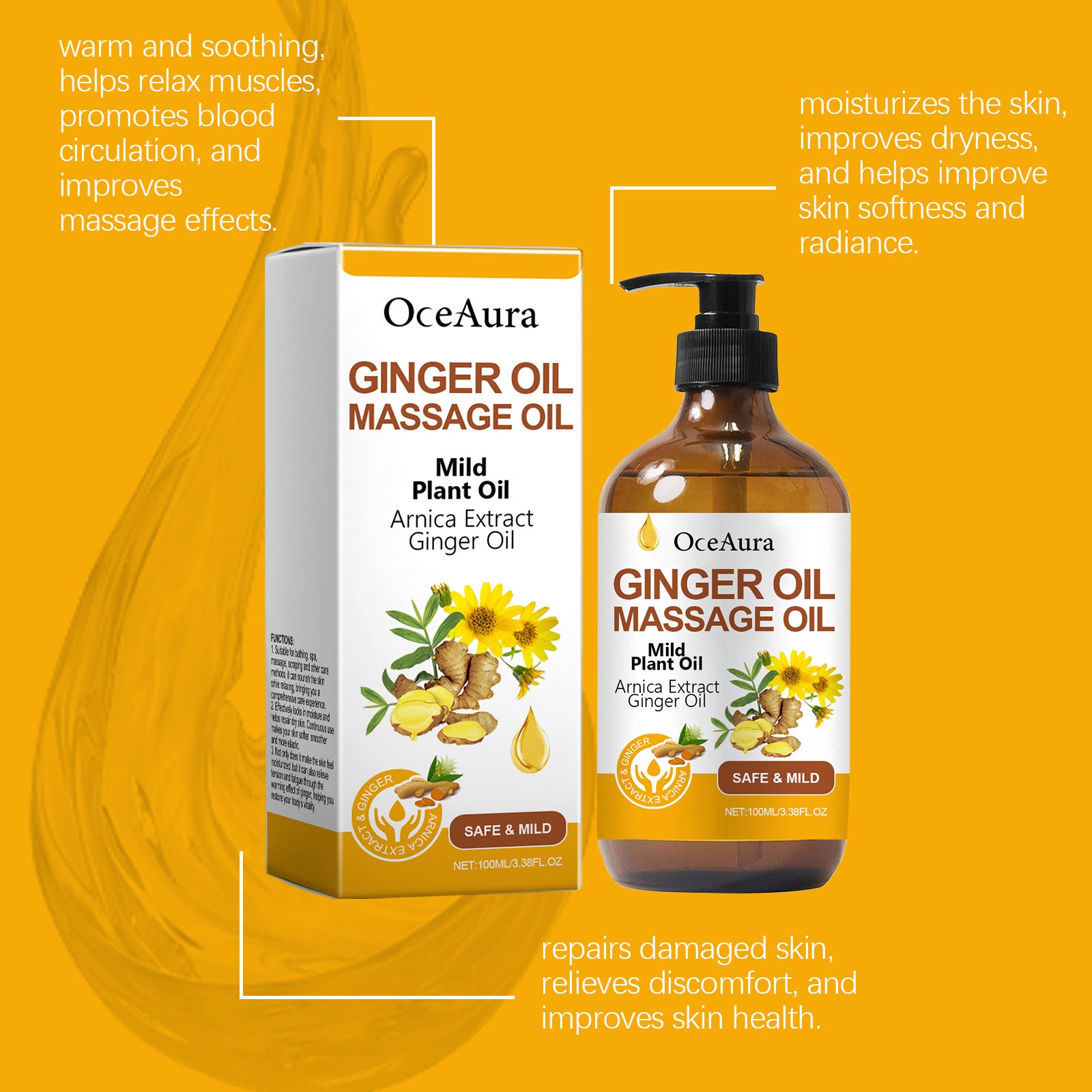 Hypersku Ginger Essence Oil for body massage, showing a bottle of aromatic ginger-infused massage oil on a wooden surface.