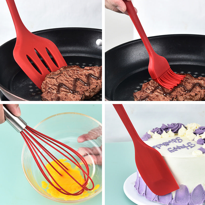 Red Resistant Silicone Scraper Baking Tool set in use for grilling, whisking eggs, and cake decorating in kitchen scenes