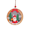 Round wooden New Christmas Tree Pendant with Santa holding a gift, flanked by snowflakes and pine trees, perfect for holiday decorating.