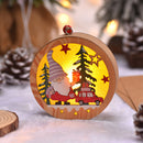 Round wooden New Christmas Tree Pendant with LED light, featuring Santa in a striped hat delivering gifts with a red car under pine trees.