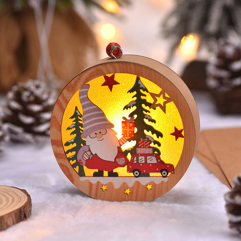 Round wooden New Christmas Tree Pendant with LED light, featuring Santa in a striped hat delivering gifts with a red car under pine trees.