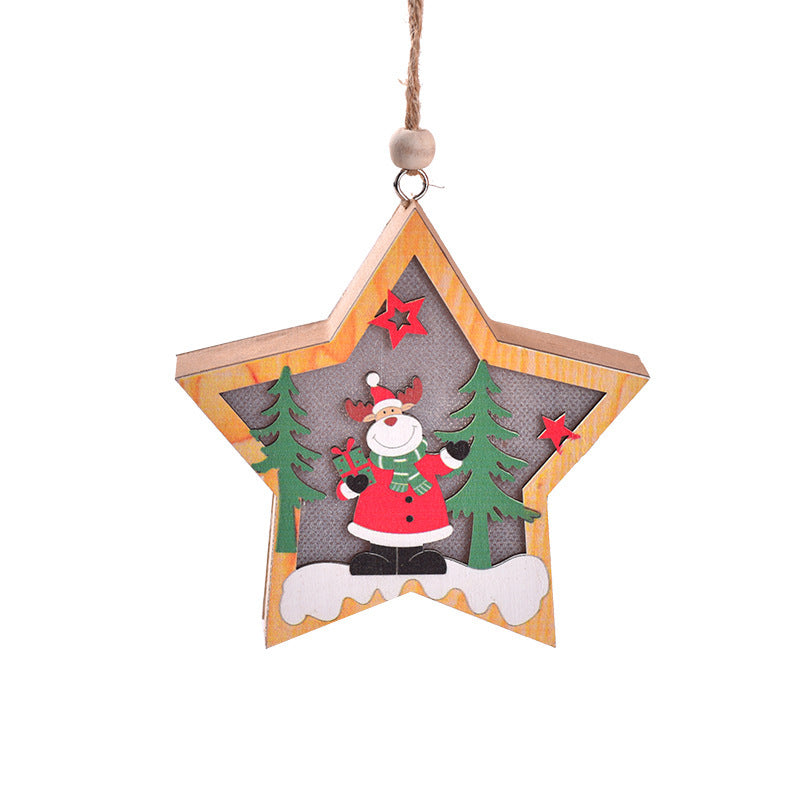 Star-shaped New Christmas Tree Pendant with a festive reindeer holding a gift, set in a snowy pine forest with red star accents.