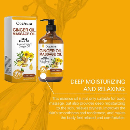 Hypersku ginger essence oil for body massage in a clear glass bottle with a dropper, showing fresh ginger root nearby.