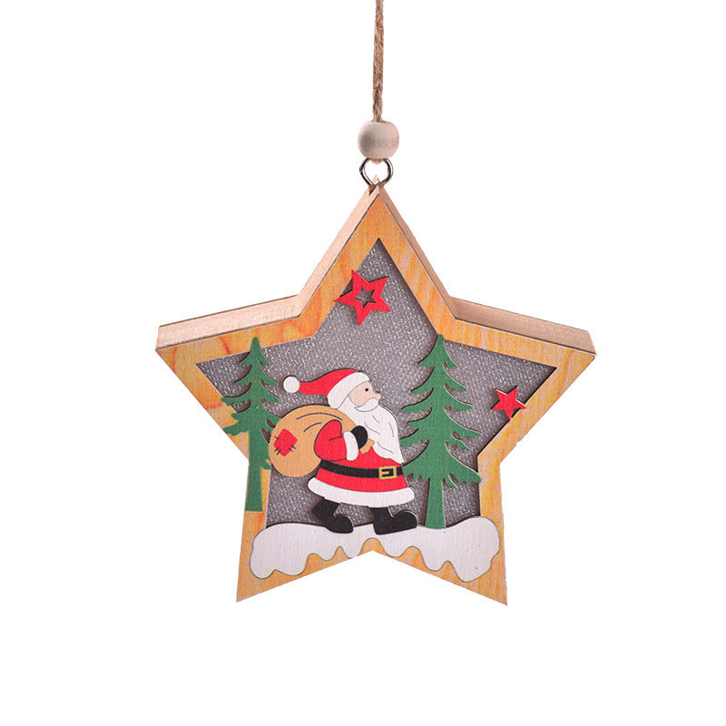 Star-shaped New Christmas Tree Pendant with Santa carrying a gift sack, walking through a snowy pine forest with red stars above.