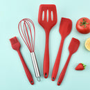 Resistant Silicone Scraper Baking Tool 5-piece red kitchen utensil set with whisk, spatulas, and brush on light blue background