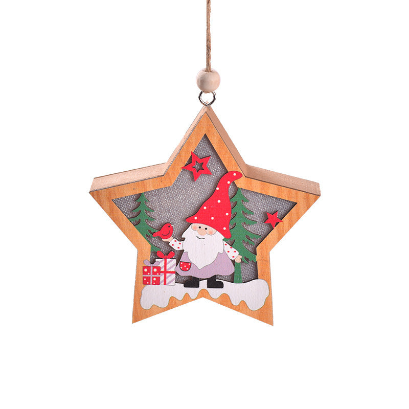 Star-shaped New Christmas Tree Pendant with Santa in a red hat holding gifts, set in a snowy forest with red stars and pine trees.