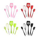 Color variations of Resistant Silicone Scraper Baking Tool set in pink, red, green, and black with 5 utensils each